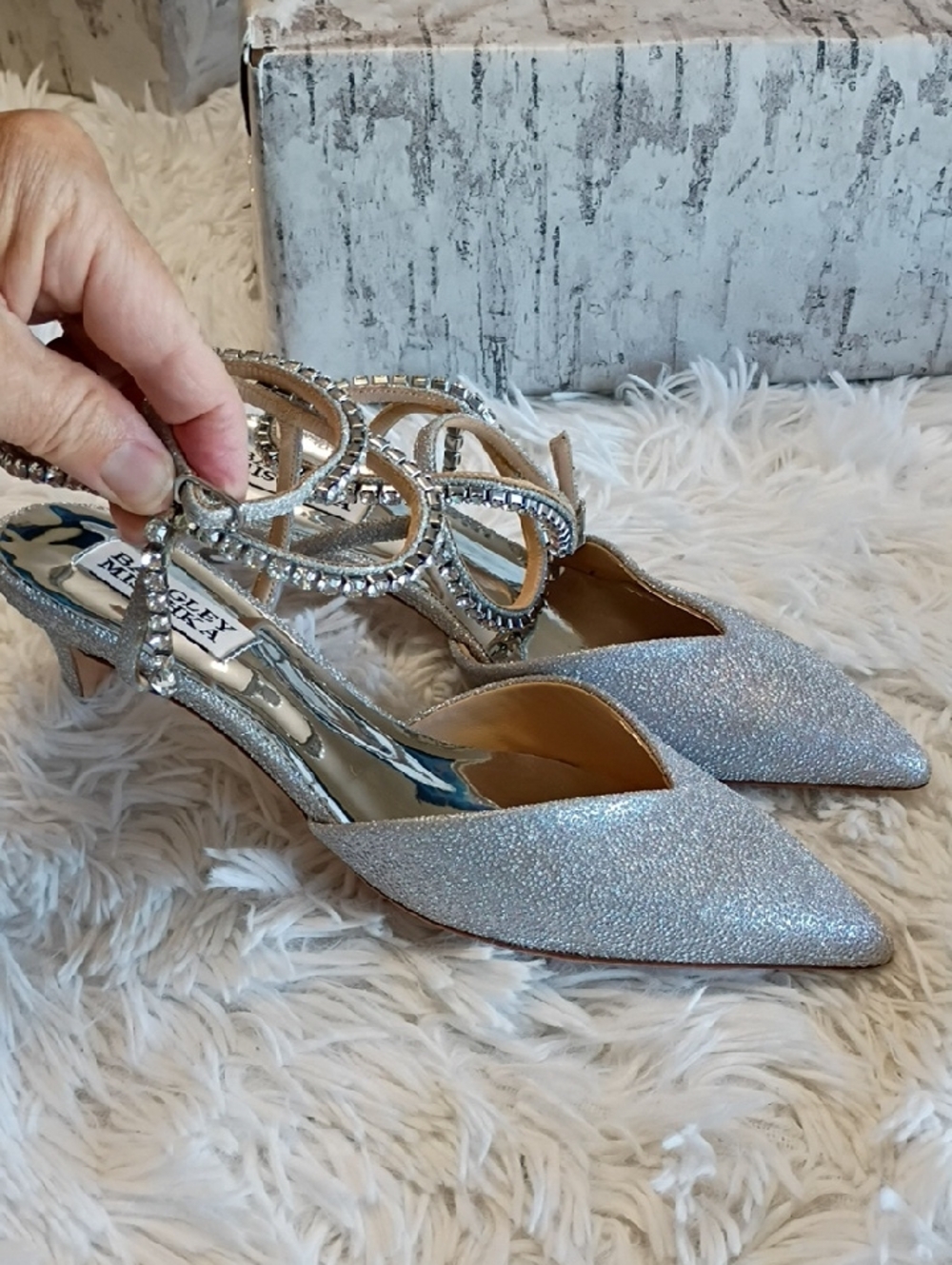 New Silver Glitter Pointed Toe Slingback Heels with Crystal Straps Kitten Heel 6